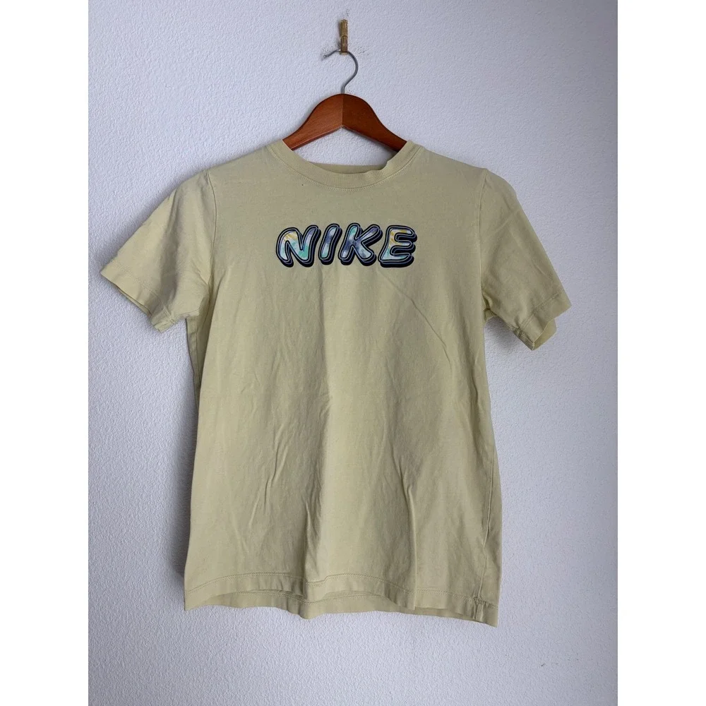 Nike Graphic T-Shirt Womens XS Pale Yellow Bubble Logo Short Sleeve Tee